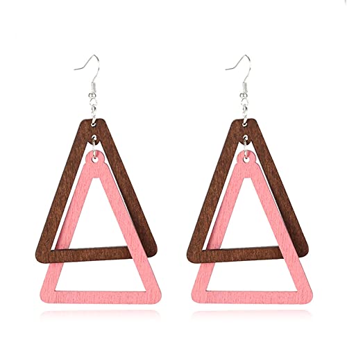 ANXIN Boho Personality Retro Tassel Rectangular Wooden Contrasting colors Earrings Chic Green Temperament Geometric Earrings Jewelry Gifts For Women - color: Brown Pink Wooden Earrings