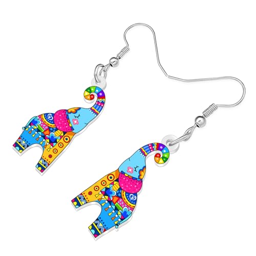 BONSNY Colorful Acrylic Elephant Dangle Earrings Bohemian Tribal Floral Design Boho Jewelry Gifts for Women Funny Novelty Hypoallergenic Spring Summer Gifts Accessories - color: Muiti