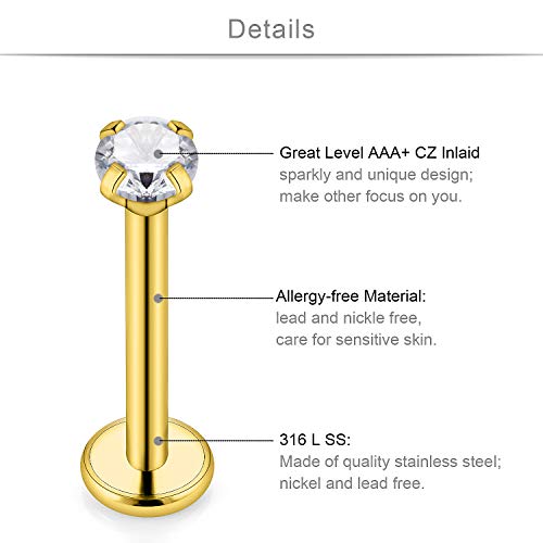 SCERRING 6 Pairs 14G Stainless Steel Clear CZ Internally Threaded Labret Monroe Lip Tragus Cartilage Helix Earring Ring Body Piercing Jewelry 6-10mm - style: 6mm Gold