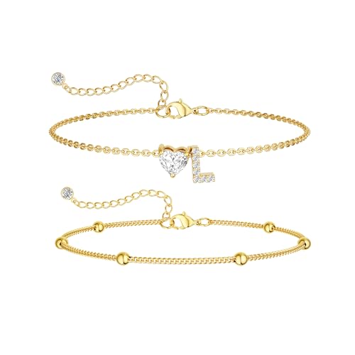 CAROVO Gold Ankle Bracelets for Women Waterproof 14K Real Gold Plated CZ Initial Anklet for Women Dainty Layered Letter A-Z Heart Ankle Bracelets Handmade Adjustable Anklet Summer Beach Jewelry - style: L