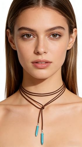 ONLYJUMP Boho Turquoise Leather Choker Necklace for Women Bohemian Handmade Leaf Layered Black Brown Suede Western Cowlady Necklace Western Country Party Jewelry Gifts - style: Brown