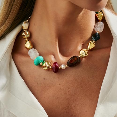 Chunky Acrylic Beaded Necklace for Women Colorful Acrylic Beaded Choker Round Beads Statement Necklace Fashion Jewelry - color: Gold