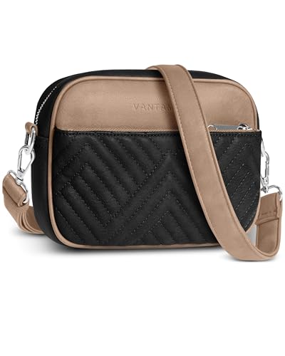 Vantamo Premium Quilted Crossbody Bags for Women with Anti-Pickpocket Clip, Vegan Leather Handbags, Travel Purses for Women - color: Black & Stone With Faux Leather Strap