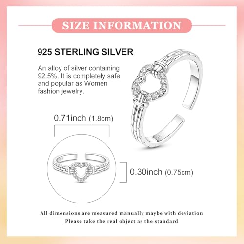 PARCOM Adjustable Women Stackable Ring, 925 Sterling Silver Open Rings - Trendy Eternity Cubic Zirconia Stackable Band Engagement Promise Ring for Her, Hypoallergenic Non Tarnish Nature Bird Floral Thumb Rings - color: Heart Link