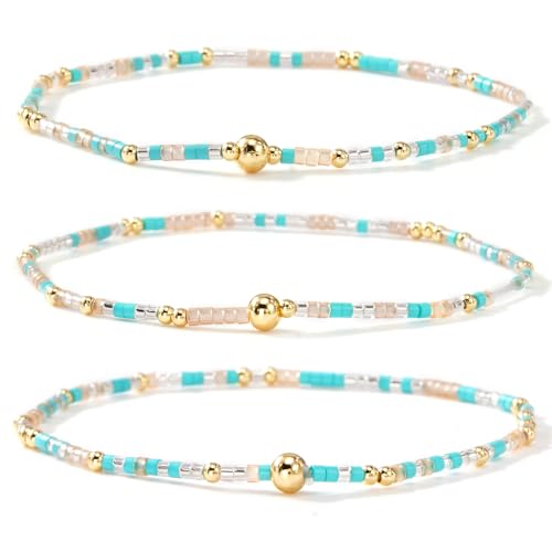 Colorful Beaded Bracelet Stack for Women,3PCS Handmade Bohemian Gold Plated Ball Stretch Stackable Bracelets Set Fashion Jewelry Gift Friendship - color: Cyan