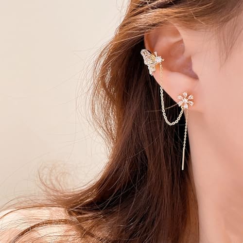 Gold Butterfly Floral Ear Cuff 1 Pair Chain Earrings Sparkling Zircon No Piercing Clip On Elegant Design for Women Everyday Casual Party Wear
