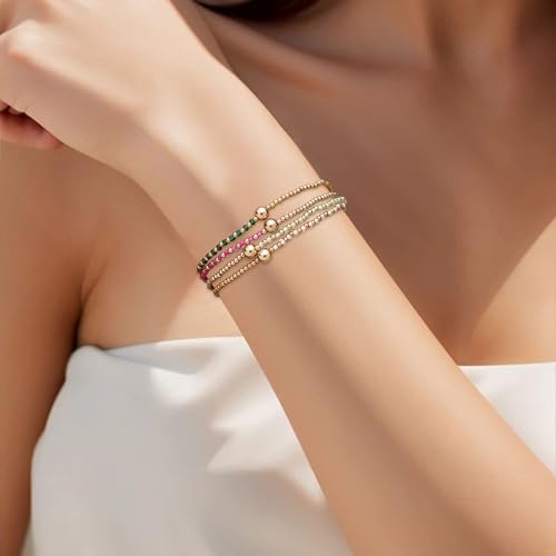 Gold Beaded Stackable Friendship Bracelets Set for Women, Handmade Boho Stretch Summer Jewelry Gift. - color: gold green fuchsia white