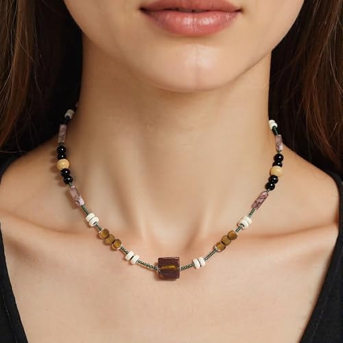 Y-Shaped Chain for Women Irregular Y2k Bead Leaf Retro Forest Green Necklace Versatile Vacation Style