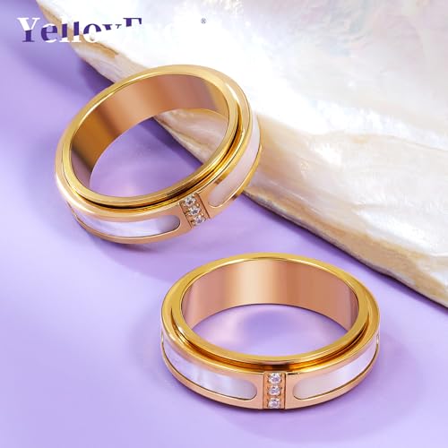Fidget Spinner Ring for Women:18K Gold Plated Stainless Steel with Mother of Pearl Shell & Cubic Zirconia, Anxiety Relief Spinning Jewelry Gift for Birthday Wedding Engagement Anniversary - color: CZ Shell Spinner Ring_Gold, size: Size 9