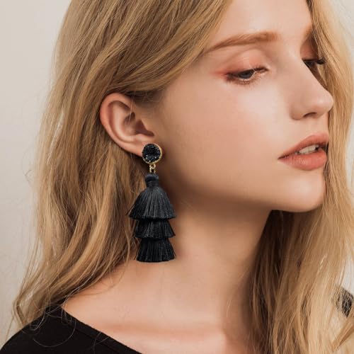 Me&Hz Colorful Layered Tassel Earrings Bohemian Statement Tiered Tassel Big Dangle Drop Earrings for Women Druzy Studs Valentine’s Day Gift - color: Black