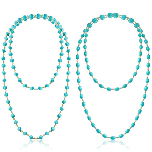 Henoyso 2 Pcs Turquoise Beads Necklace 47.5 Inch Long Endless Necklace Multi Strand Layer Knotted Homemade Jewelry - style: Classic