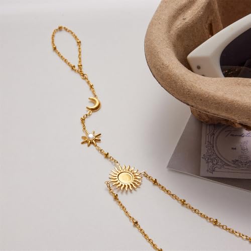 Dainty CZ Moon Sun Star Hand Chain Ring Bracelet for Women Stainless Steel 18k Gold Plated Trendy Adjustable Chain Linked Stackable Finger Ring Bracelet Fashion Jewelry