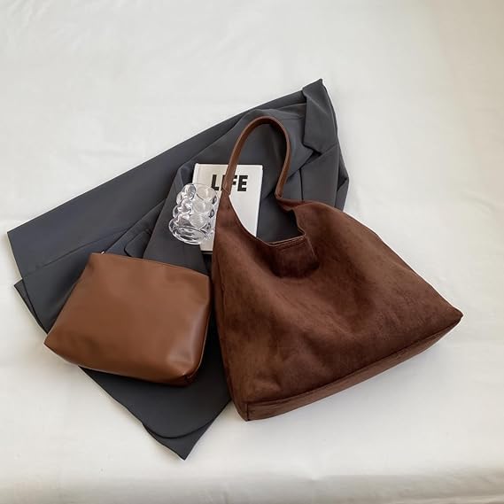 Large Work Tote Bags for Women, Boho Slouchy Suede Purses Handbags - color: Milk Coffee