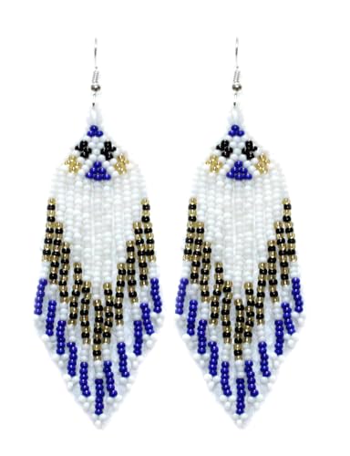 Long Beaded Dangle Earrings – Boho Native Handmade Seed Bead Tassel Bohemian Large Statement Drop Fringes for Women - color: Pattern3