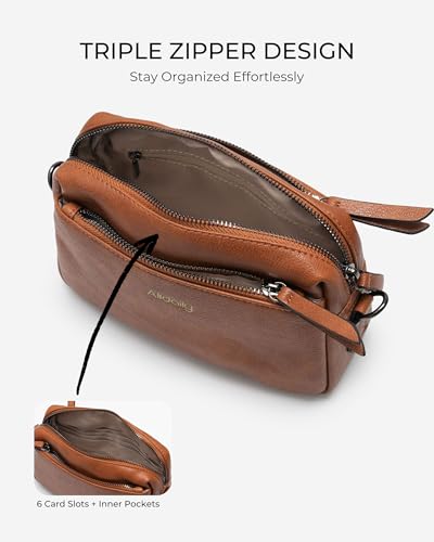 Alldaily Small Triple Zip Crossbody Purse for Women, Vegan Leather Phone Bag with Wide Shoulder Strap - color: Brown