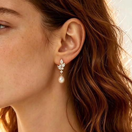 Pearl Earrings for Women, 14k Gold Plated Trendy Diamond Pearl Drop Earrings Hypoallergenic Dainty Bridal Gifts Wedding jewelry for Women - color: B - Gold