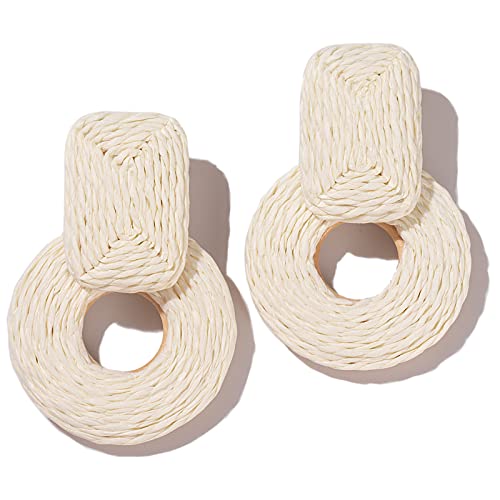 Statement Raffia Earrings Cute Boho Earrings Rattan Dangle Earrings Handmade Straw Wrap Earrings Summer Drop Dangling Earrings for Women Teen Girls - color: White
