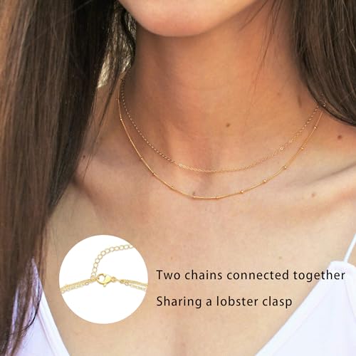 CHESKY 14k Gold Plated/Silver Plated Dainty Necklace for Women, Trendy Satellite Choker Necklace Thin Beaded Layered Choker Necklaces Discs Paperclip Chain Necklaces Womens Simple Jewelry - style: Layeredbead gold