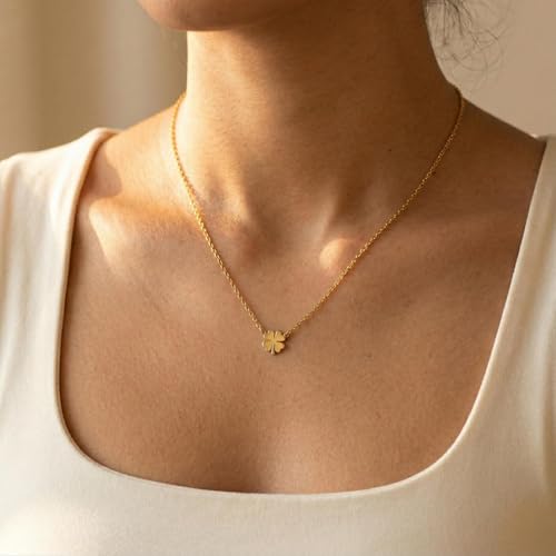 Dainty Gold Necklaces for Women Trendy Non Tarnish 14K Gold Plated Cubic Zirconia Necklace Layered Simple Cute Four Leaf Clover Choker Jewelry Birthday Gifts - color: Gold, style: Glossy-2