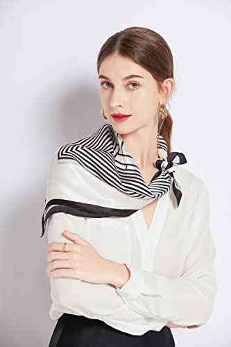 STARWHISPER 100% Pure Mulberry Silk Square Scarf-27''x27 Lightweight Hair Scarves Headscarf Night Sleeping with Gift Packed - color: Stripe White