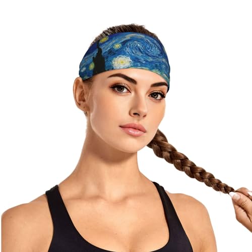 Black and Gold Swirl Liquid Ink Marble Workout Headbands Fashion Sports Sweatbands Yoga Hairbands for Fitness Athletic Non Slip Wicking Headscarf for Men Womens Girls Summer Accessories Elastic Bands - color: The Starry Night Van Gogh