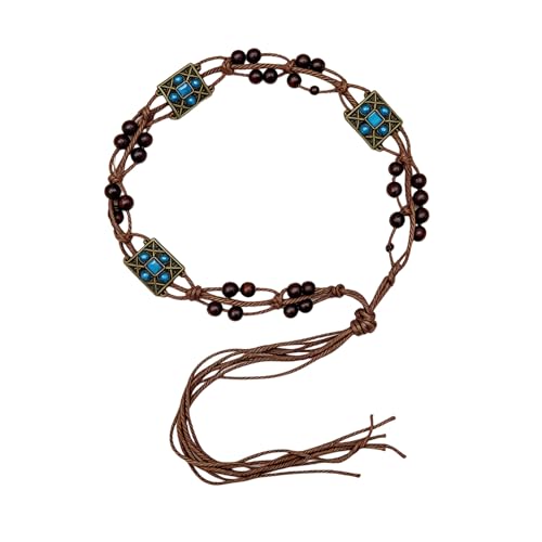 Boho Flower Wooden Bead Waist Belt, Vintage Woven Body Chain, Adjustable Cord Jewelry for Jeans Dress & Beach Wear - color: Blue1