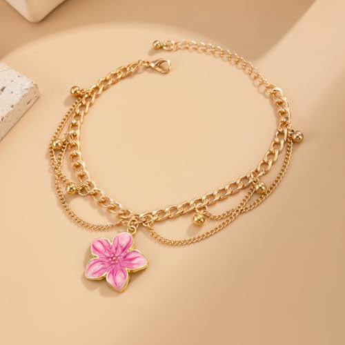 Fashion Layered Flower Charm Anklet for Women Golden Cuban Link Chain Tassel Waterproof Ankle Bracelet Adjustable Beach Vacation Foot Jewelry Summer Accessories - color: Pink floral