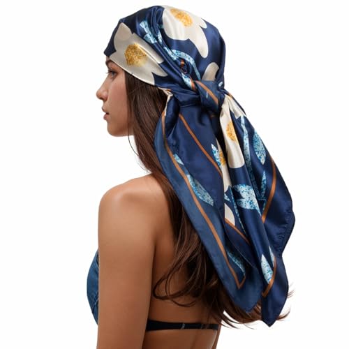 RIIQIICHY Head Scarf for Women Like Silk Scarf Hair Scarf Printed Square Scarf Bandanas for Women 35 Inches - color: Dark Blue/Ivory/Gold