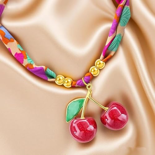 Scarf Necklace with Charm Gold Starfish Chunky Cross Heart Flower Pendants Bandana Charm Necklace Western Scarf for Women Boho Cowgirl Country Cowboy Accessories Beach Vacation Vacation Outfits Jewelry - color: C7-Scarf Necklace With Cherry Charm