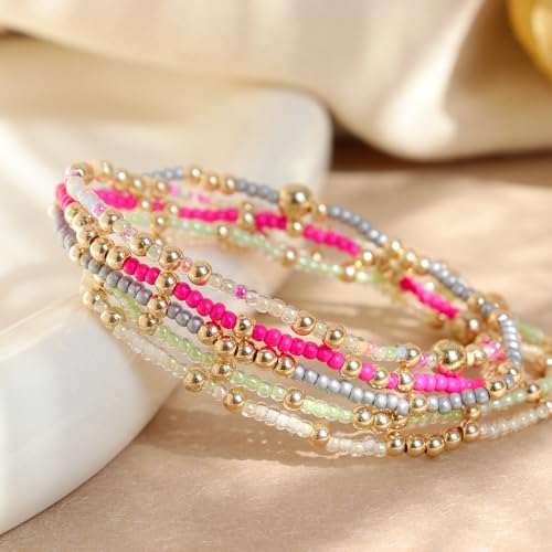 Gold Beaded Stackable Friendship Bracelets Set for Women, Handmade Boho Stretch Summer Jewelry Gift. - color: gold green gray fuchsia pink yellow beige