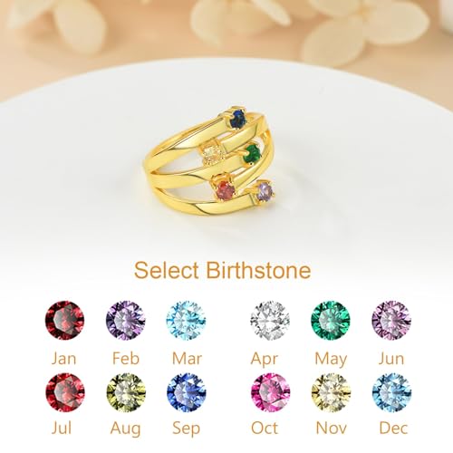 Custom4U Personalized 1-4 Birthstone Rings for Women Promise Rings for Her Sterling Silver Mothers Ring Customized Cubic Zirconia Stones Wedding/Valentine's Day/Mother's Day Jewelry Gift for Mom Wife - color: B-5 Names-Gold