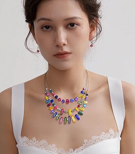 3 Layered Chunky Statement Necklace for Women Beaded Strand Necklaces with Earring Fashion Costumes Collar Necklace Jewelry Sets Gifts for Women - color: 50-Dark colorful