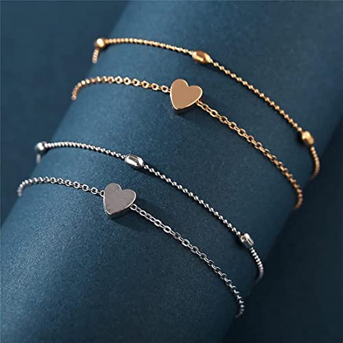 MIDEEO Gold/Silver Ankle Bracelets for Women,14K Gold Anklets for Women Waterproof Cuban Link Heart Beads Herringbone Rhinestone Anklets Set Layered Anklet Bracelets for Women Gold Jewelry Gift - style: 2 Layers Anklet C-SL