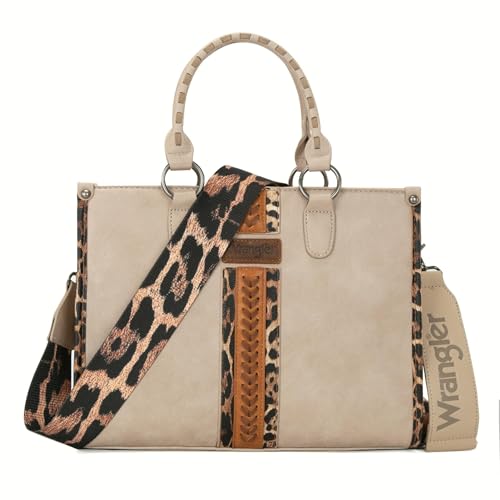 Montana West Wrangler Animal Print Tote Bag for Women Western Purse Boho Top Handle Satchel Handbag - color: Leo Khaki