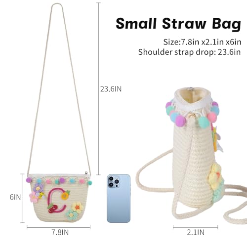 Letter Small Woven Straw Summer Beach Tote Bag for Women 2025,Woven Straw Beach Purse Shoulder Crossbody Bag for Women 2025 - color: White C