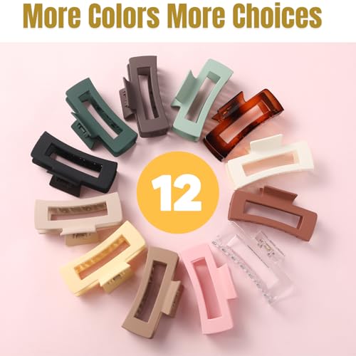 12 Pcs Large Square Hair Claw Clips for Women, 4.3-Inch Matte Rectangle Claw, Strong Hold Non-slip Hair Clips for Thick & Thin Hair,Mixed Color for Gifting, Work, and Daily Styling - color: Multicolor