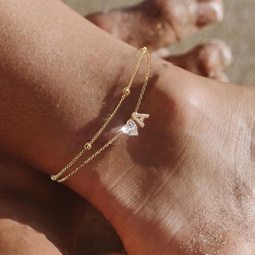 Ankle Bracelets for Women Waterproof 14K Gold Plated CZ Initial Anklet for Women Dainty Layered Letter Heart Ankle Bracelets Handmade Adjustable Foot Chain Anklet Summer Beach Jewelry - color: gold S