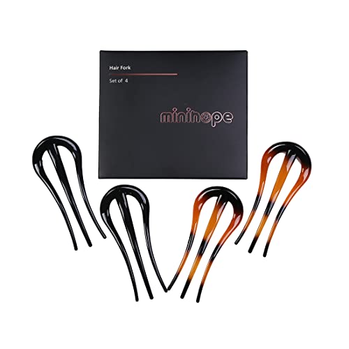 French Hair Forks Tortoise Shell W Shape Updo Hair Pins Clips for Thin Thick Hair, 3.5 inch Classic 3 Prong Bun Hair Sticks Chignon Women Vintage Hairstyle Accessories, 4 Count.