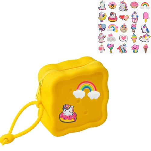 Soft Silicone Zipper Coin Purse Lovely Cartoon Hole Design Miniature Wallet Children's Storage Pouches Organizers For Kid with 25pcs DIY Charms (Yellow) - color: Yellow