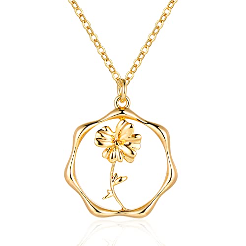 Gold Necklace for Women Birth Flower Necklaces 18K Gold Plated Custom Birth Month Floral Necklaces Birthday Gifts for Women - style: Gold-08-Poppy