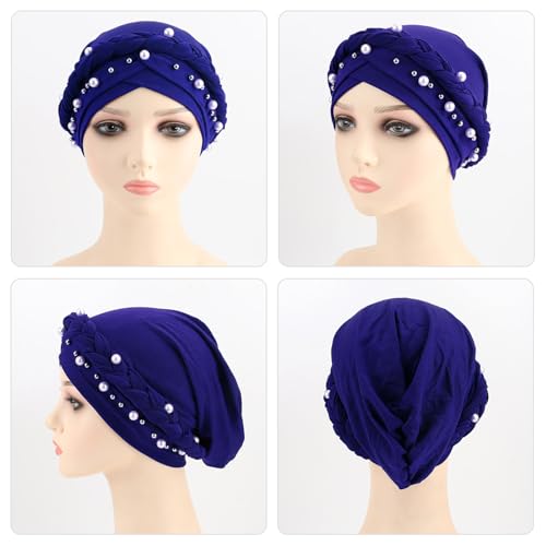 African Women Turban Caps Pre-Tied Twisted Turbans Head Scarf for Women Hair Wraps Cover Beanie Cancer Chemo Headwear - color: 1 Pack Twisted Braid A: Pearls Blue