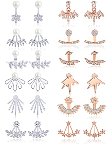 Tornito 6-12 Pairs Lotus Flower Earring Studs Chic CZ Earrings Jackets For Women Silver Rose Gold Tone - color: G:12 Pairs,Silver&Rose Gold Tone