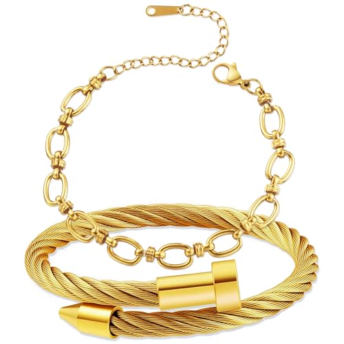 2PCS 18K Gold Plated Nail Bangle & Chain Bracelet Set for Women, Adjustable Stackable Bangle Jewelry, Dainty Gold Bracelet Gift for Women - color: Set L