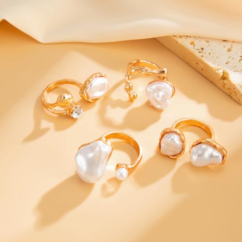 Chunky Gold Pearl Rings for Women Vintage Baroque Pearl Rings Set Open Stacking Pearls Ring Set Irregular Geometric Pearls Ring Boho Prom Costumes Fashion Jewelry Accessories - style: 4PCS B