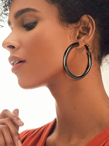 Stainless Steel Chunky Hoop Earrings For Women, Minimalist and Chic, Black/Gold Plated, Round Hoops Earrings Hypoallergenic, Size: 30mm/40mm/60mm/80mm, Come with Box - color: 1. Black, size: 50MM