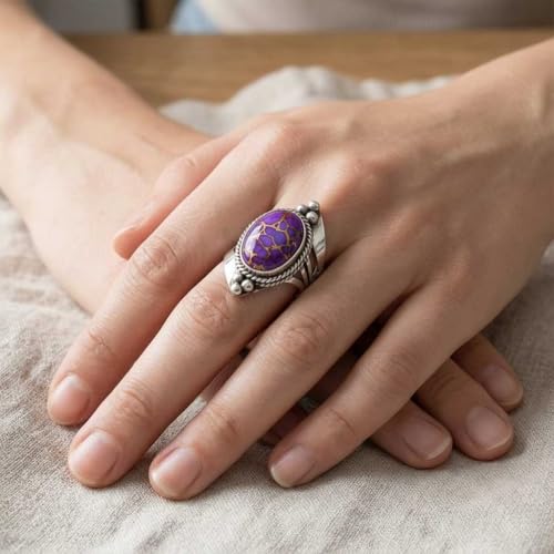 Handmade 925 Sterling Silver Plated Ring Natural Gemstone Carnelian, Rose Quartz, Tiger Eye, Crystal Oval Boho Jewelry For Women - color: Copper Purple Turquoise