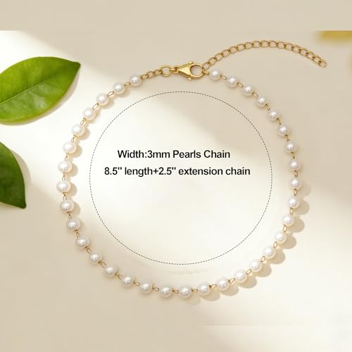Waterproof Anklet 18K Gold Plated Stainless Steel Ankle Bracelets for Women Figaro Pearls Chain Summer Beach Foot Jewelry 8.5+2 inches