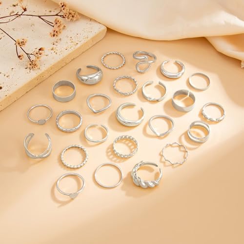 Gold Rings for Women Non Tarnish Stackable Rhinestone Moon Star Rings Dainty Stacking Pearl Butterfly Midi Pinky Thumb Joint Finger Knuckle Ring Set Gold Non Tarnish Jewelry Gifts Trendy Stuff - color: F Silver Stackable Rings 24Pcs
