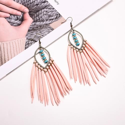 Long Bohemian Fringe Leather Earrrings Handmade Tassel Earrings with Turquoise Christmas Long Dangle Earrings for Women rodeo jewelry - color: 8