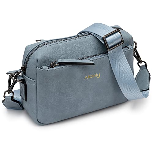 Alldaily Small Triple Zip Crossbody Purse for Women, Vegan Leather Phone Bag with Wide Shoulder Strap - color: Blue